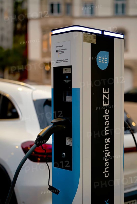 Parking lot with gas pump, EZE Network charging station, SICHARGE model for electric cars, charging station, e-mobility, e-car, pictogram, logo, Stuttgart, Baden-Württemberg, Germany