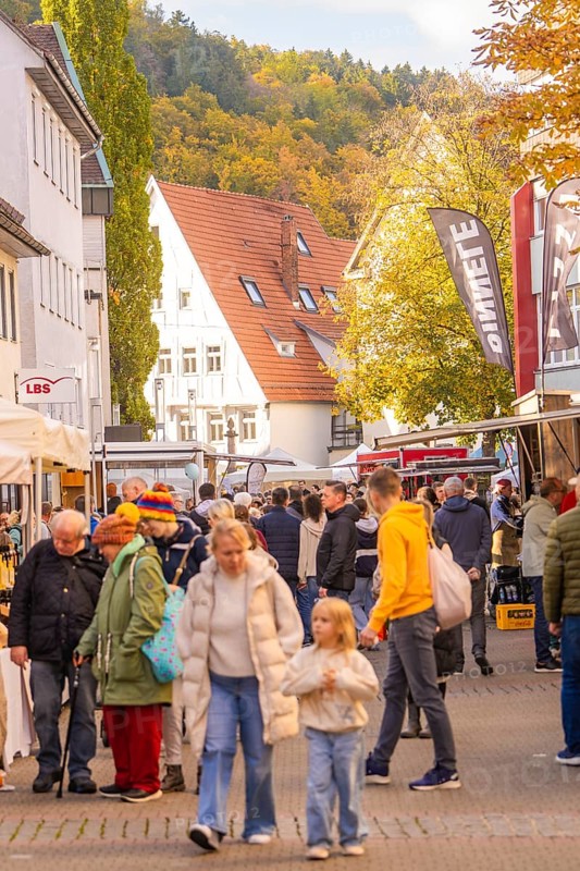 Families stroll across a busy market street under autumn leaves, Urschelherbst street festival, Nagold, Germany