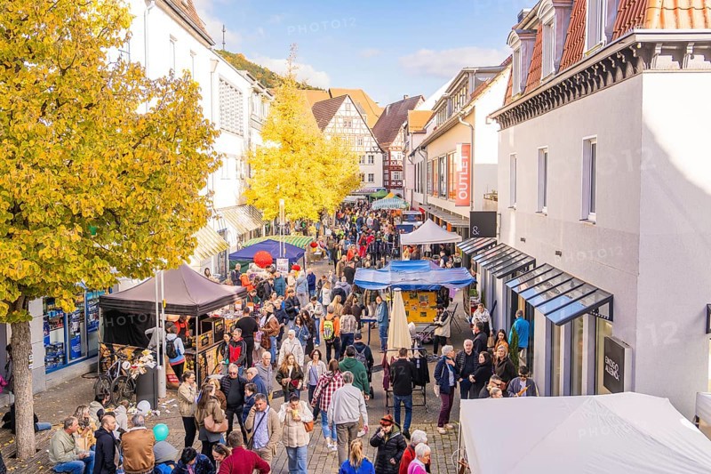 A long market street full of people in autumn surrounded by half-timbered houses and yellow trees, Urschelherbst street festival, Nagold, Germany
