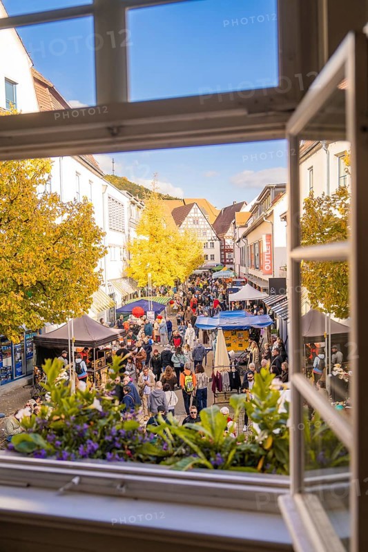 From a window you can see a lively street full of people and colorful market stalls under yellow trees, Urschelherbst street festival, Nagold, Germany