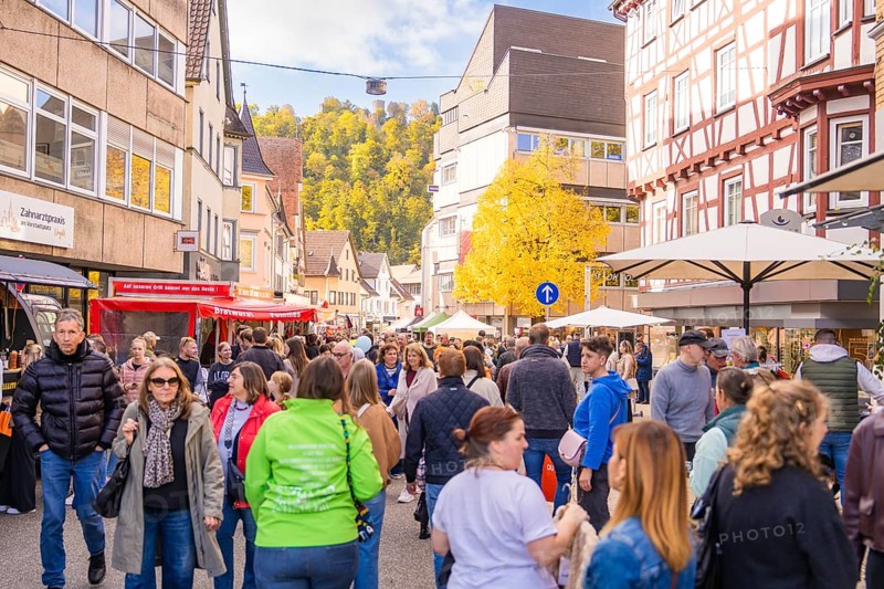 People stroll across a busy street with market stalls and half-timbered houses in the background, Urschelherbst street festival, Nagold, Germany