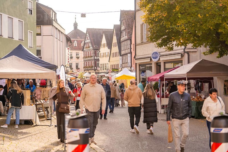 Lively market scene in a city with historic buildings and an autumn tree, Urschelherbst street festival, Nagold, Germany