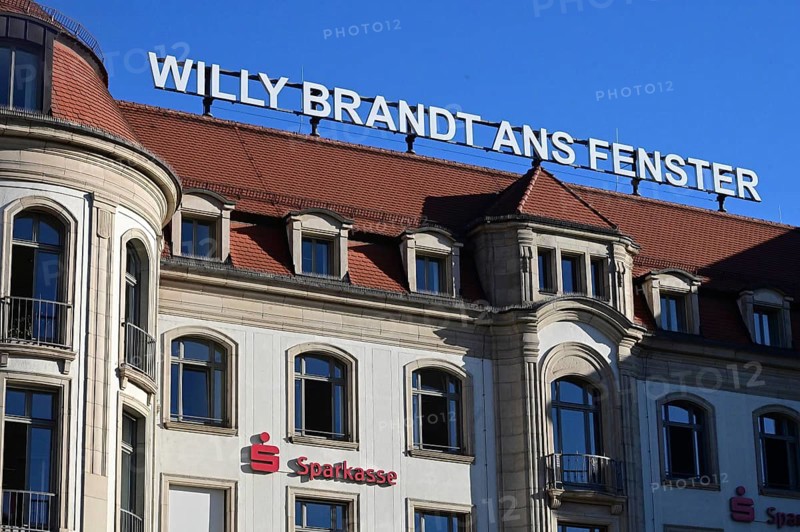 Willy Brandt lettering on the window at the hotel where Brandt visited during GDR times and showed himself at the window