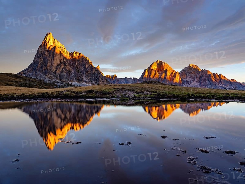Alpine glow, reflection of the Ra Gusela and Tofane mountains at sunrise, Passo di Giau, Giau Pass, Dolomites, Alps, Belluno province, Veneto region, Italy