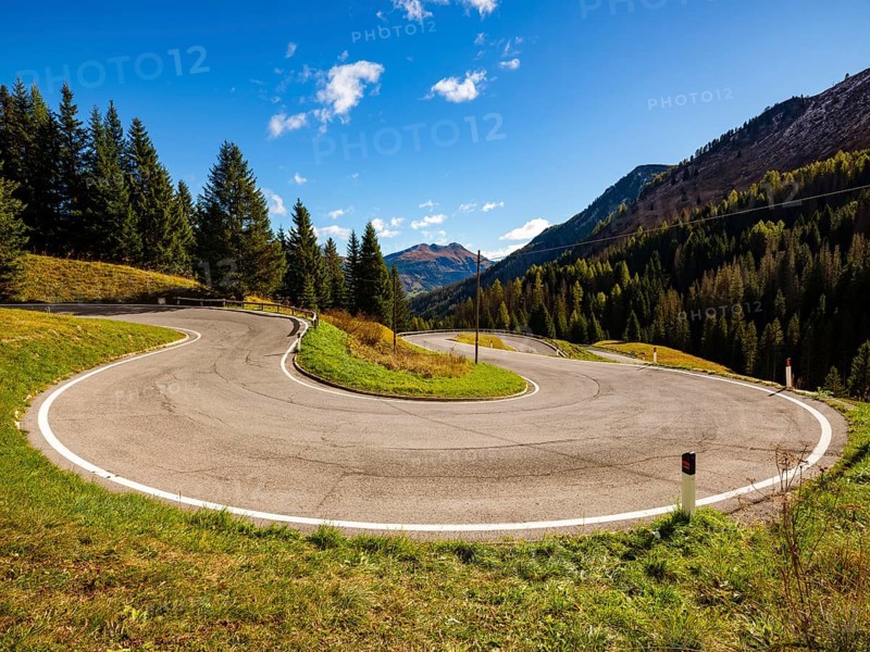 Hairpin curve on a mountain pass, Dolomite road, Passo Pordoi, Dolomites, Alps, Belluno province, Veneto region, Italy
