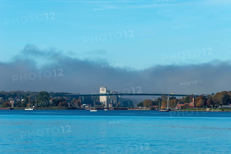 Kiel Fjord, Holtenau district, Kiel, Baltic Sea, high bridge over Kiel Canal, NOK, waterway, SKN silo in the North Harbour, sailboats waiting for smuggling, Holtenau lighthouse, quiet sea, Schleswig-Holstein, Germany
