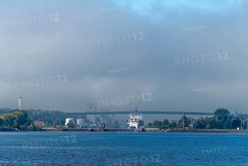 Kiel Fjord, Holtenau district, Kiel, Baltic Sea, high bridge over Kiel Canal, waterway, NOK, lock, container ship, tank farm, Schleswig-Holstein, Germany