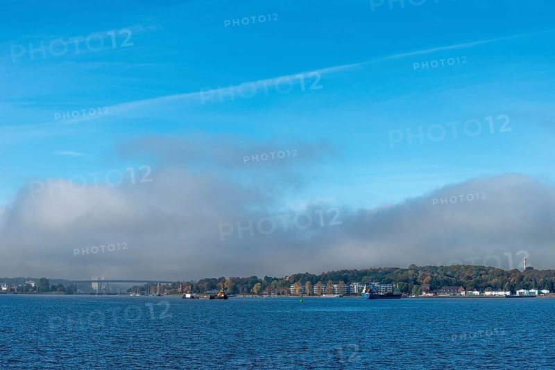 Kiel Fjord, Holtenau district, Kiel, Baltic Sea, high bridge over Kiel Canal, NOK, waterway, tugboat, tonnenhof of the Kiel Water Management Office, WSA, cargo ship, Schleswig-Holstein, Germany