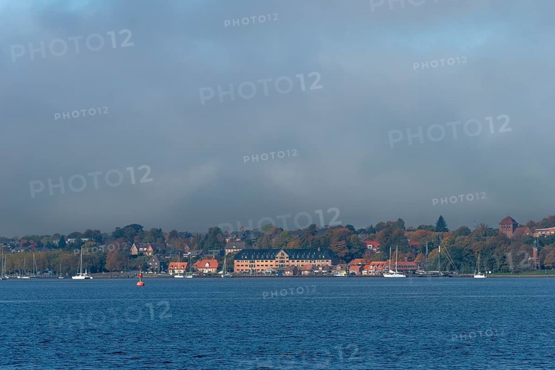 Kiel Fjord, Holtenau district, Kiel, historic sewer packing house, storage, sailing yachts, church tower, lighthouse, navigation, Baltic Sea, Schleswig-Holstein, Germany