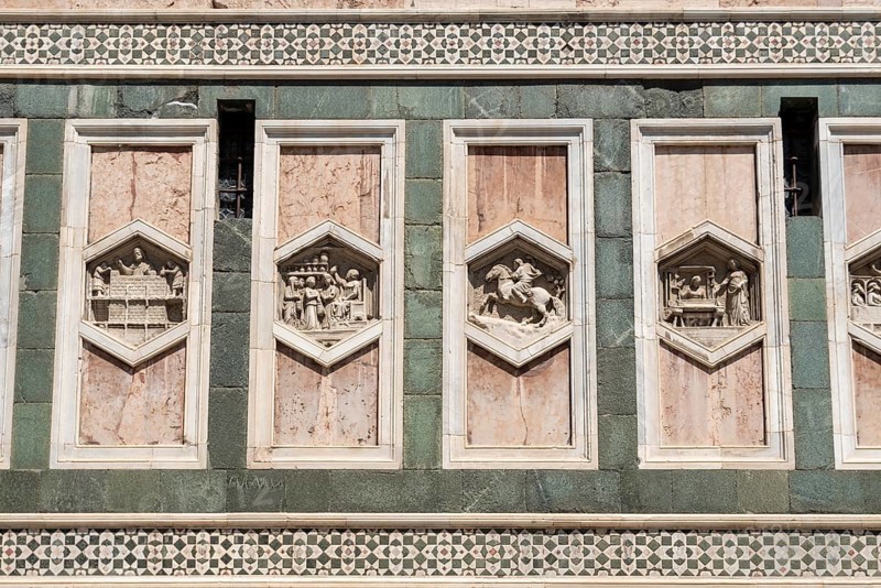 Detailed view of the reliefs on the Campanile di Giotto, the bell tower of the Cathedral of Santa Maria del Fiore, Florence, Tuscany, Italy