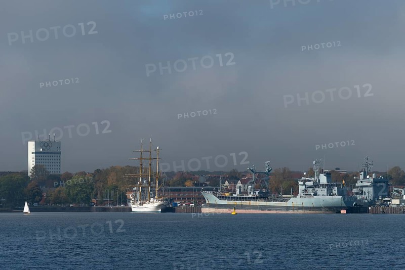 Kiel naval port, district of Wik, sailing school ship Gorch Fock in their home port, fuel transporter A1442 Spessart of the German Navy, Olympic rings, Schleswig-Holstein, Germany