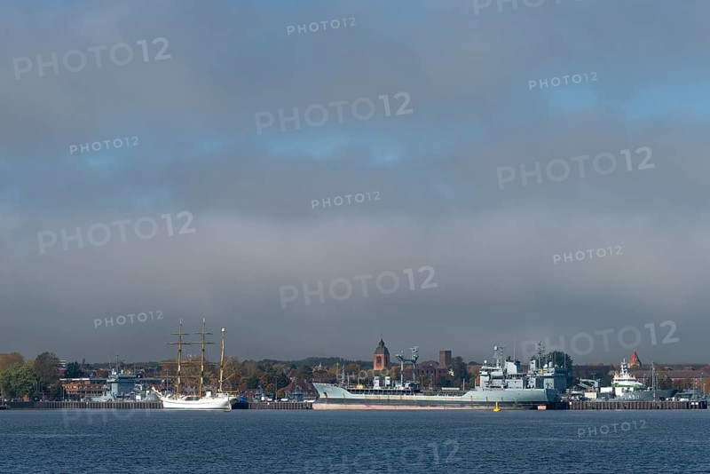 Kiel naval port, district of Wik, sailing school ship Gorch Fock in their home port, fuel transporter A1442 Spessart of the German Navy, supply ship A512, tower of the Garrison Church of St. Peter's Church, Schleswig-Holstein, Germany