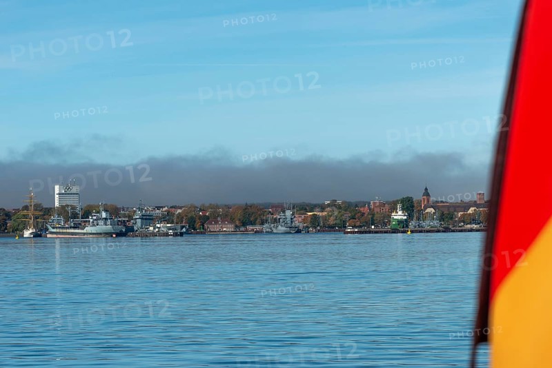 Kiel naval port, district of Wik, sailing school ship Gorch Fock in their home port, German Navy fuel transporter A1442 Spessart, supply ship A512, German flag, Olympic rings, tower of the Garrison Church of St. Peter's Church, Schleswig-Holstein, Germany