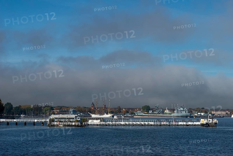 Kiel naval port, district of Wik, sailing school ship Gorch Fock in their home port, fuel transporter A1442 Spessart of the German Navy, tower of the garrison church Petrus-Kirche, Seebar Düsternbrook, Schleswig-Holstein, Germany