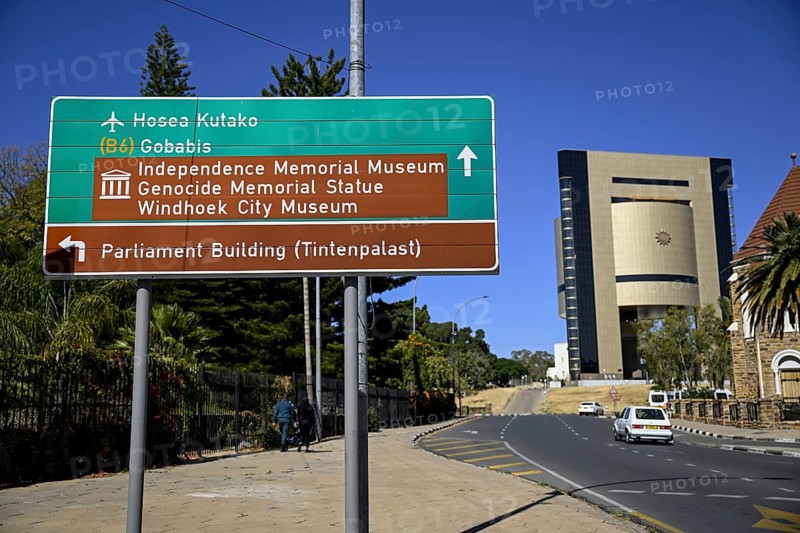 Street sign in front of the Independence Museum, Independence Memorial Museum, Windhoek, Khomas region, Namibia
