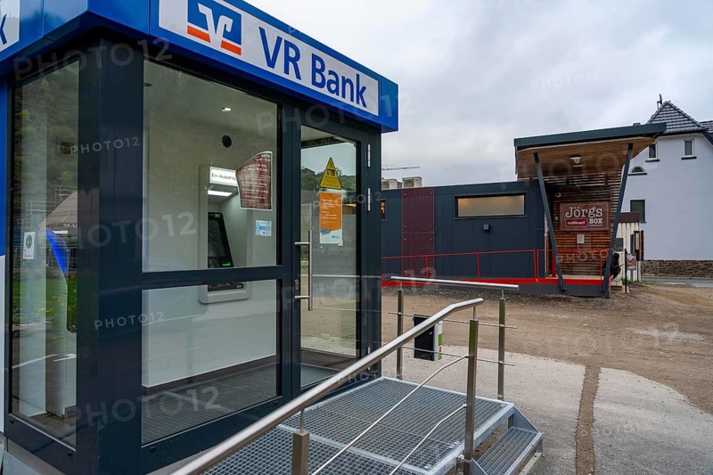 Reconstruction in the Ahr Valley, after the flood of July 2021, temporary vending machine branch of VR Bank and self-service mini market, near Altenahr, Rhineland-Palatinate
