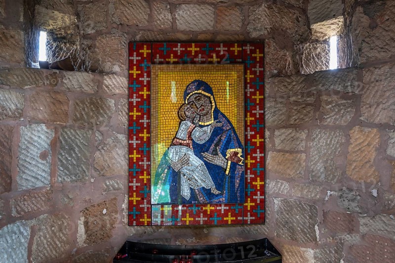Mariengrotto with a mosaic of Mary in the fortified church defence tower, Hannberg, Middle Franconia, Bavaria, Germany