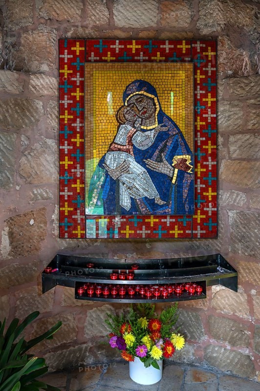 Mariengrotto with a mosaic of Mary in the fortified church defence tower, Hannberg, Middle Franconia, Bavaria, Germany