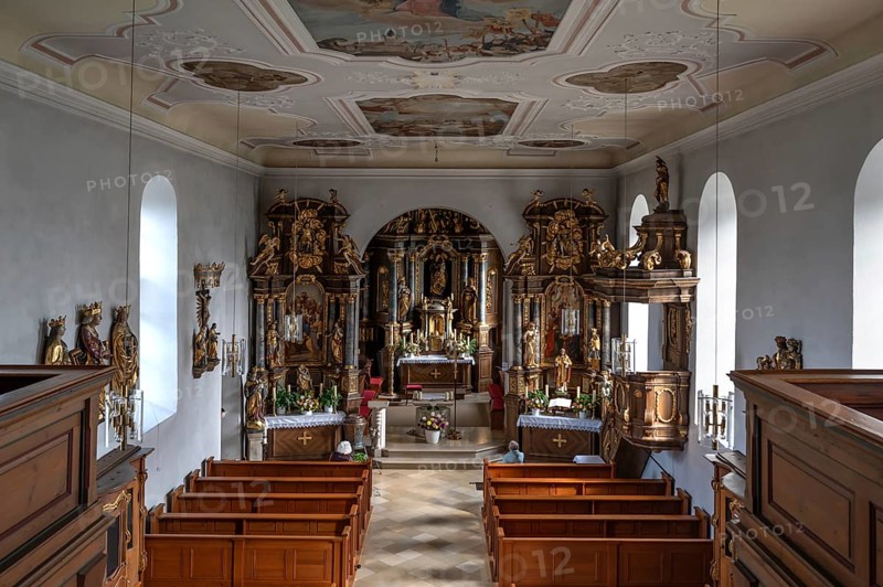 View from the organ gallery into the church of the Nativity of Mary, fortified church, third-largest fortified church in Germany, Hannberg, Middle Franconia, Bavaria, Germany