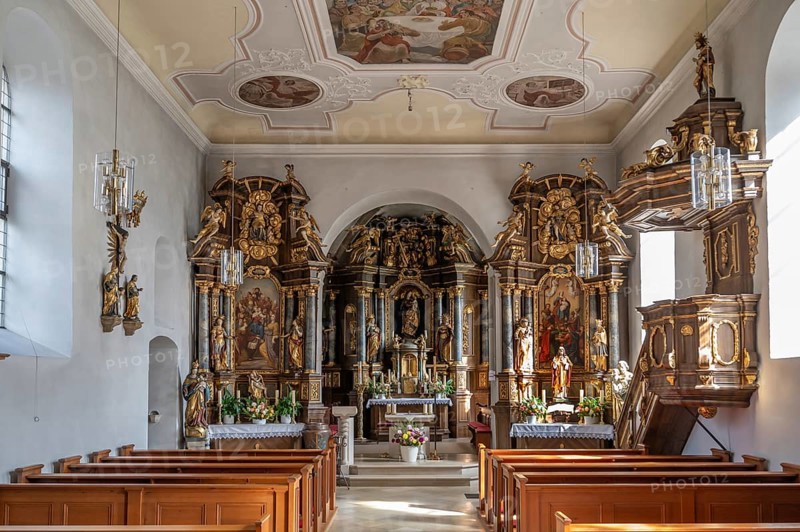 Baroque high altar and side altars, created 1726 to 1727, Nativity Church, fortified church, third largest fortified church in Germany, Hannberg, Middle Franconia, Bavaria, Germany
