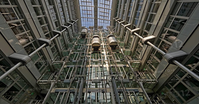 Atrium with three panoramic lifts, interior lift, Ludwig-Erhard-Haus, abbreviated LEH, Charlottenburg, City-West, Berlin, Germany