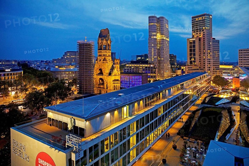 Bikini Berlin with Kaiser Wilhelm Memorial Church from an elevated position in the evening, Charlottenburg, Berlin, Germany