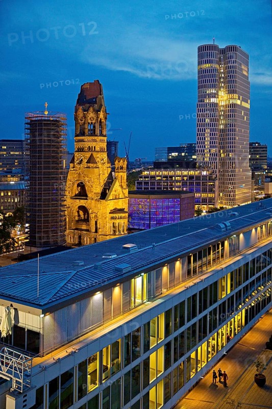 Bikini Berlin with Kaiser Wilhelm Memorial Church from an elevated position in the evening, Charlottenburg, Berlin, Germany