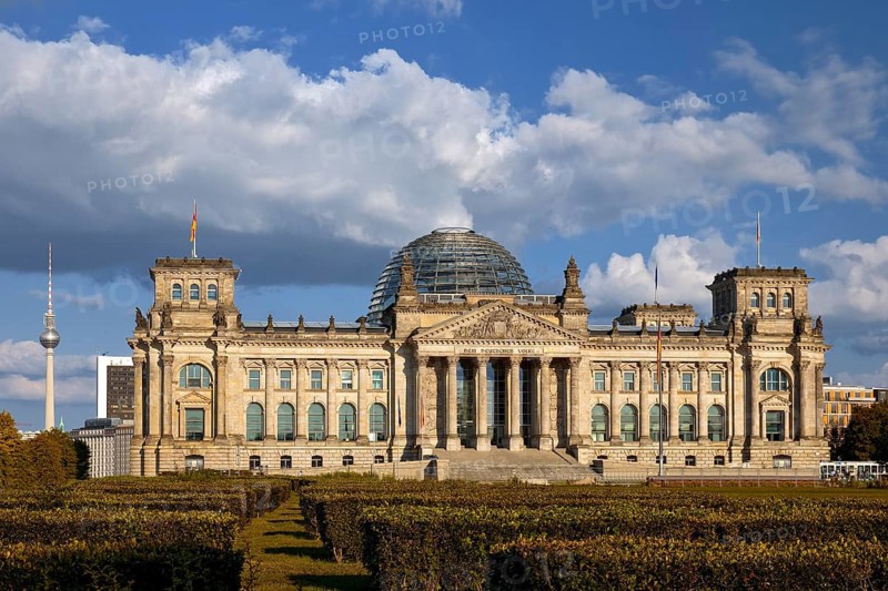 Reichstag, German Bundestag, Republic Square with Berlin TV Tower in the background, Berlin, Germany
