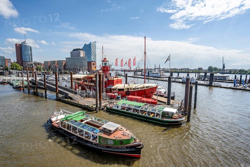 Boats at the city sports harbour in the Elbe, in the back Hafencity with Elbphilharmonie and Columbushaus, Hamburg, Germany