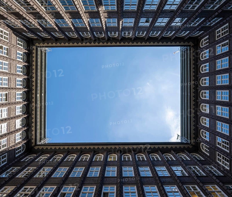 Chile House, former office building, courtyard, frog-eye view, brick expressionism, architect Fritz Höger, UNESCO World Heritage Site, Hamburg, Germany
