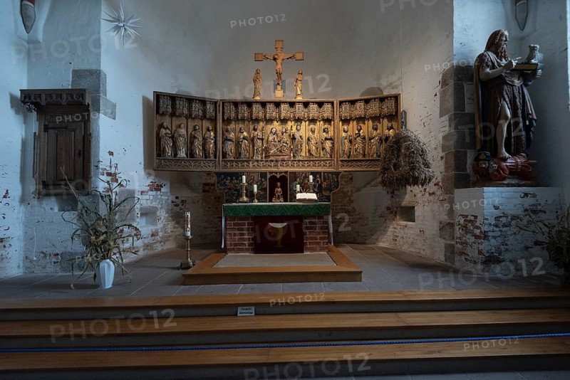 Carved altar in St John's Church, Nieblum, Föhr Island, Schleswig-Holstein, Germany
