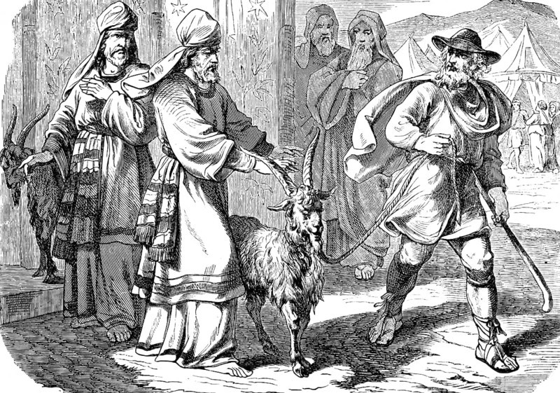 Expulsion of the goat into the desert at the Feast of Atonement, sheep, tents, feast, sacrificial animal, people, reconciliation, holy place, burning fat, men, third book of Moses, chapter 16, Old Testament, Bible, historical illustration 1877