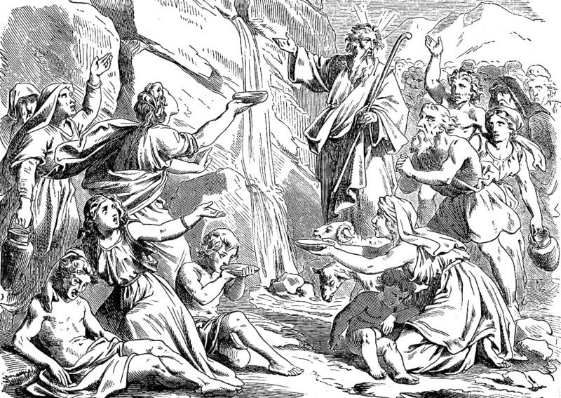The children of Israel drink water from a rock, Moses strikes staff on rock face, thirst, dying of thirst, miracle, drink, bowl, refreshment, God, Second Book of Moses, chapter 17, Old Testament, Bible, historical illustration 1877