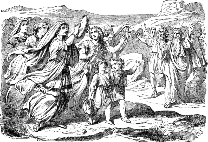 Song of praise of the prophetess Miriam after crossing the Red Sea, Middle East, woman, children, men, musical instruments, harp, timpani, praising God, singing, joy, jubilation, God, rocky landscape, Second Book of Moses, chapter 15, Old Testament, Bible, historical illustration 1877