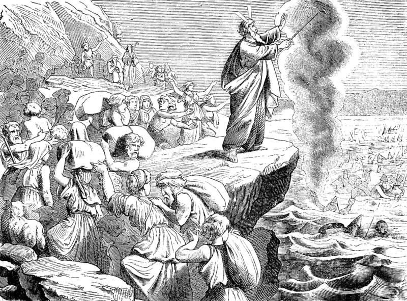 Moses and the children of Israel, passage through the Red Sea, the waters part, Middle East, Pharaoh and his army drown, miracle, enemy, wind, death, people of Israel, second book of Moses, chapter 15, Old Testament, Bible, historical illustration 1877