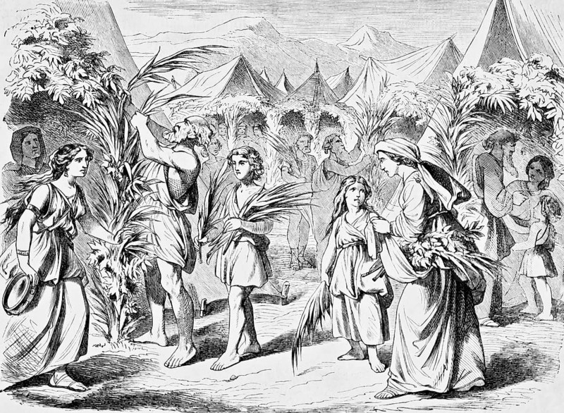 The Feast of Tabernacles lasts seven days, giving sacrifices in honour of God, Feast of the Lord, burnt offering, Sabbath, tents, flower decorations, grasses, branches, children, woman, men, Third Book of Moses, Chapter 23, Old Testament, Bible, historical illustration 1877
