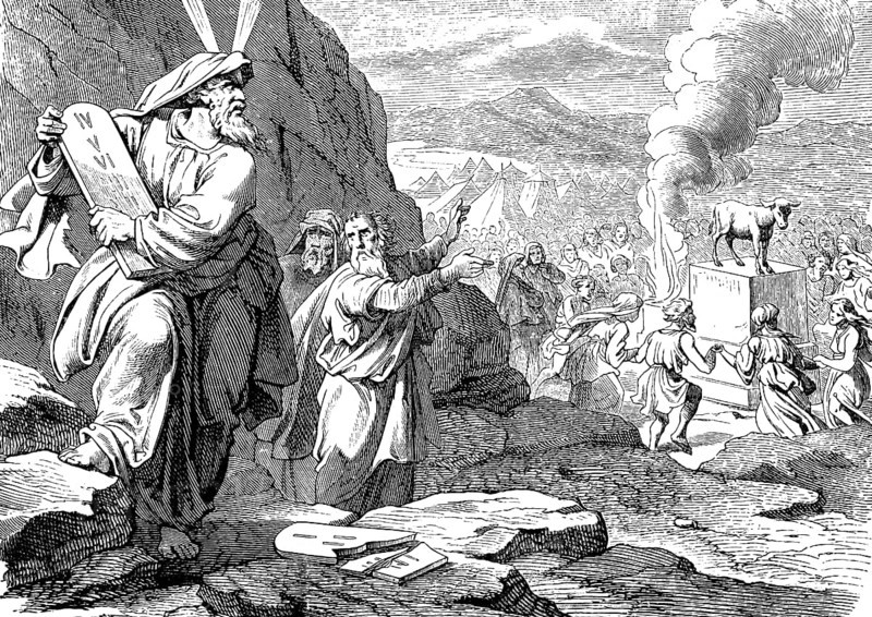 Moses breaks the tablets of the law at the sight of the Golden Calf, Mount Sinai, tablet, laws, commandments, sin, dance, smoke, joy, horror, reconciliation, book, punishment, Aaron, Second Book of Moses, Chapter 25, Old Testament, Bible, historical illustration 1877
