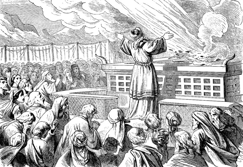 Aaron's first sacrifice is ignited by fire from heaven, sanctuary, smoke, God, people, ceremony, repentance, praying, praising, altar, third book of Moses, chapter 10, Old Testament, Bible, historical illustration 1877