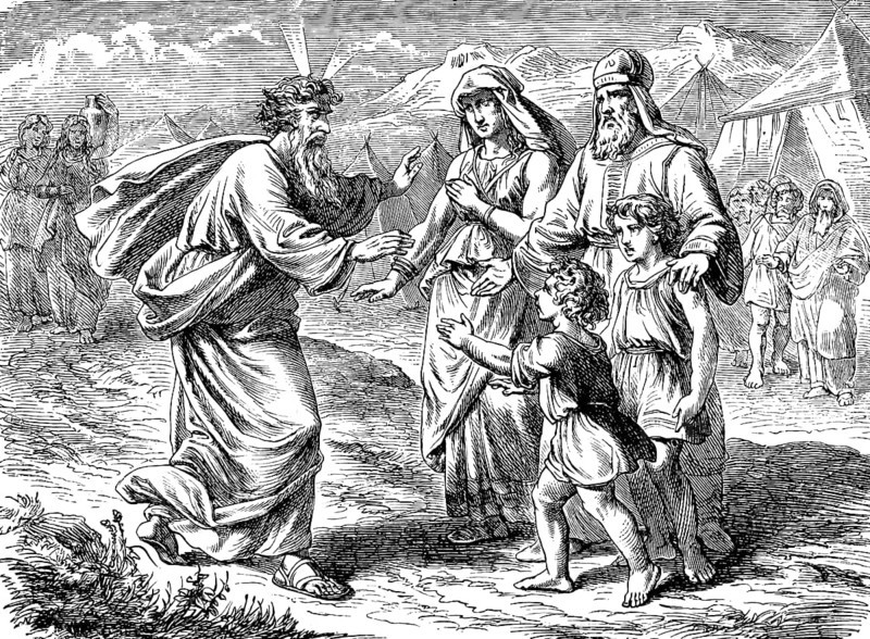 Jethro unites Moses with his woman and children, union, family, meeting, camp, joy, mountain of God, Egypt, second book of Moses, chapter 18, Old Testament, Bible, historical illustration 1877