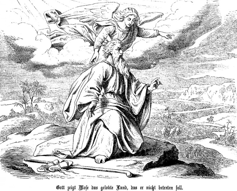 God shows Moses the Promised Land, which he is not to enter, a land flowing with milk and honey, proverb, sky, cloud, wings, people of Israel, blessing, sandals, cloak, staff, rock, fertile valley, river, prohibition, Fourth Book of Moses, chapter 34, Old Testament, Bible, historical illustration 1877