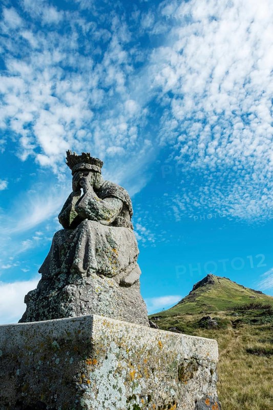 Statue of Virgin Mary. Roc de Courlande in Auvergne Volcanoes Regional Park. Puy de Dome. Auvergne Rhone Alpes. France