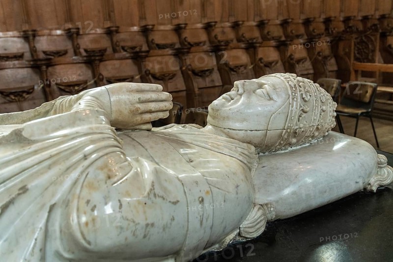 Pope Clement VI tomb inside Saint Robert abbey. La Chaise Dieu. Haute Loire department. Auvergne-Rhone-Alpes, France