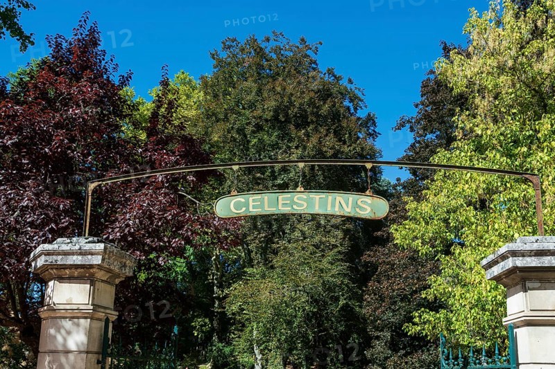 Sign showing the Celestins thermal spring, Vichy, France