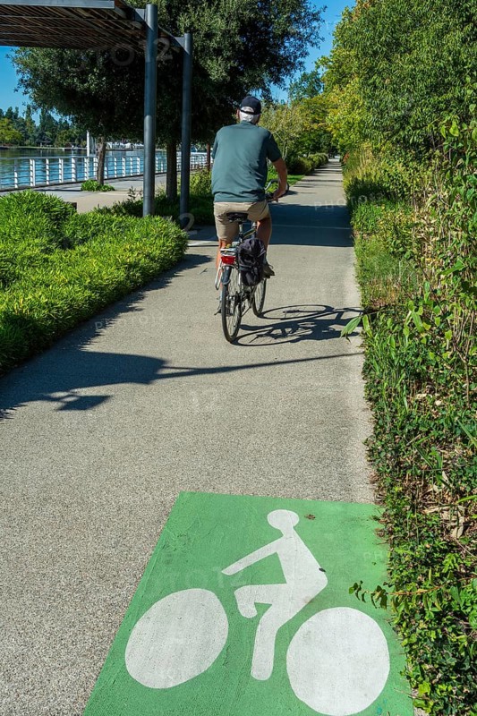 A person rides a bicycle on a smooth pathway lined with trees and shrubs. Vichy. Allier. Auvergne Rhone Alpes. France