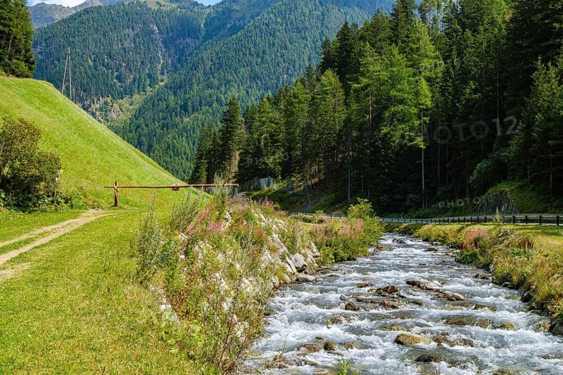 The Horlachbach stream, which plunges into the depths a little later as the Stuibenfall, here in Niederthai, Umhausen in the Middle Ötztal, Tyrol, Austria