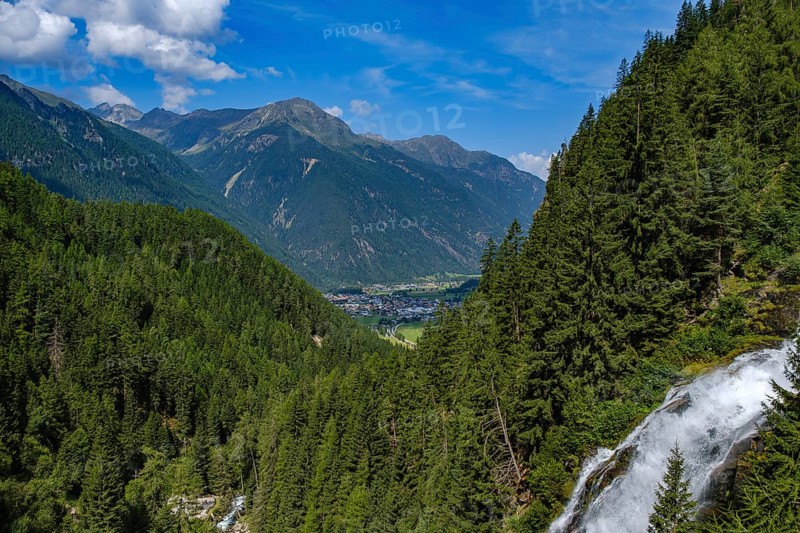 View of Umhausen and the Middle Ötztal from the Stuibenfall between Umhausen and Niederthai, Tyrol, Austria