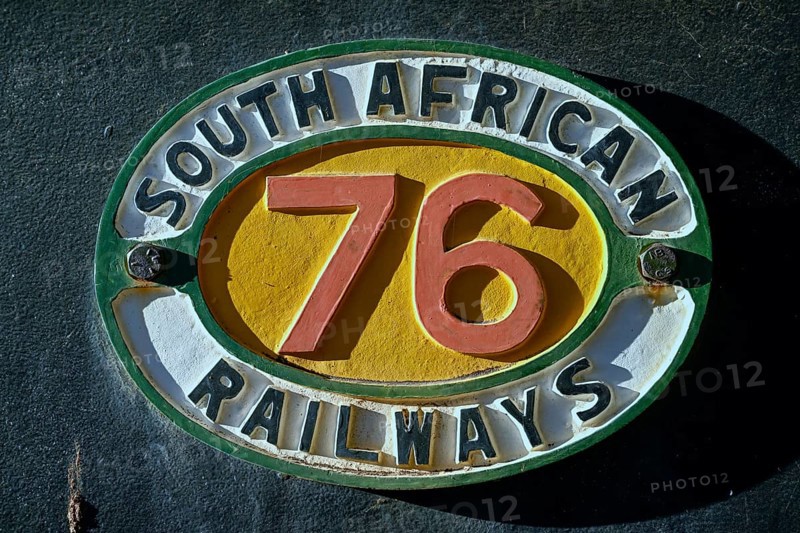 Plaque South African Railways on the historic steam locomotive no. 41 from 1912, manufacturer Henschel & Sohn from Kassel, Otjiwarongo, Otjozondjupa region, Namibia