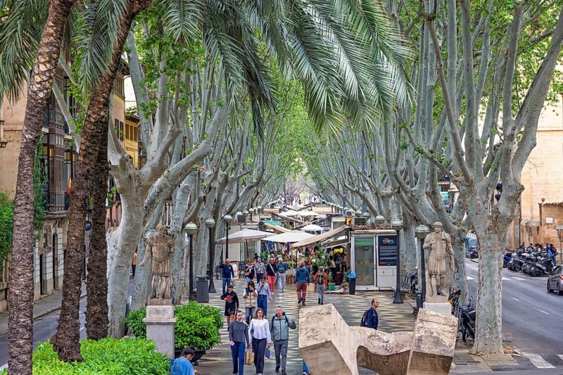 Tourists walking on La rambla a tree lined walking street with flower shops in Palma, Palma de Mallorca, Mallorca, Spain
