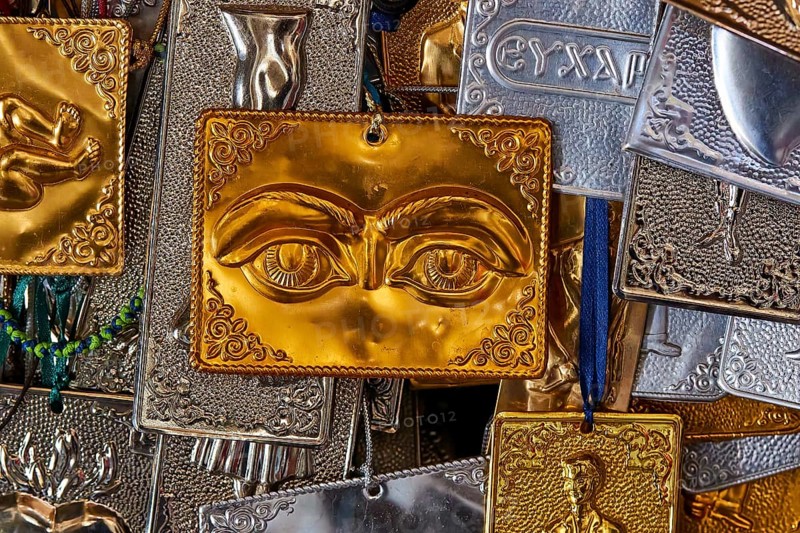 Pantanassa Monastery from the 15th century AD, votive tablet, gold engraving of eyes on religious metal object with detailed decorations, Mystras, Mistra, UNESCO World Heritage Site, medieval Byzantine ruined city, north-west of Sparta, foothills of the Taygetos Mountains, Peloponnese, peninsula, Greece