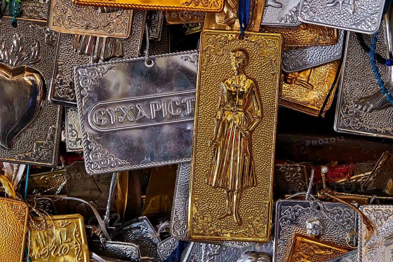 Pantanassa Monastery from the 15th century AD, votive tablets, stacked metal plaques with engravings of woman in antique style, Mystras, Mistra, UNESCO World Heritage Site, medieval Byzantine ruined city, northwest of Sparta, foothills of the Taygetos Mountains, Peloponnese, peninsula, Greece